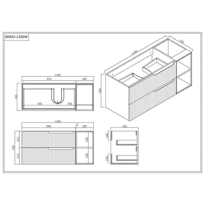 600-1500*455*830mm Infinity Sersi White High-Moisture Resistant Plywood Fluted Wall Hung Bathroom Vanity