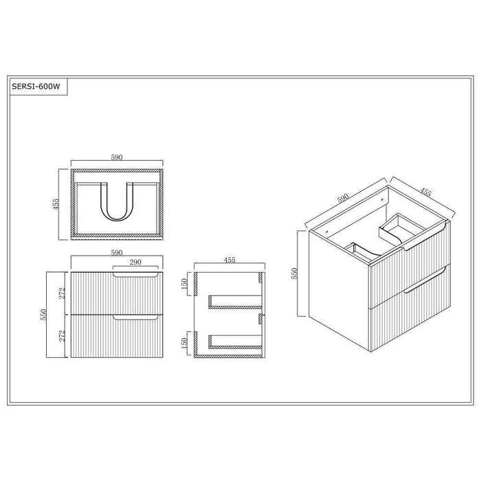 600-1500*455*830mm Infinity Sersi White High-Moisture Resistant Plywood Fluted Wall Hung Bathroom Vanity