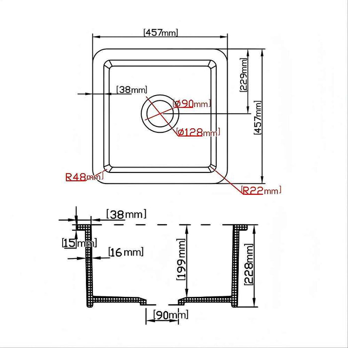 457*457*228mm Poseidon Camden Fireclay Matt Black/Gloss White Square Single Bowl Top/Undermount Farmhouse Sink