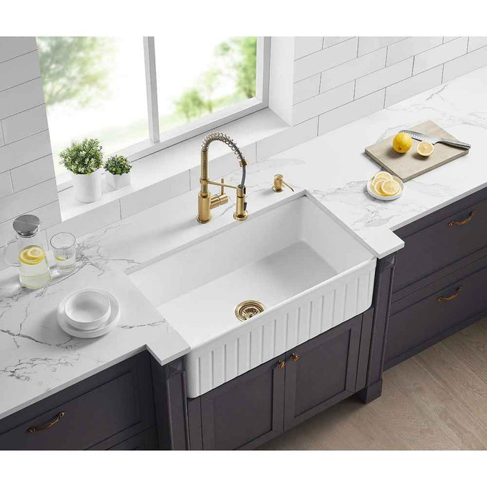 838*456*252mm Poseidon Greenwich Fireclay Matt Black/Gloss White Reversible Fluted & Flat Single Bowl Farmhouse Sink