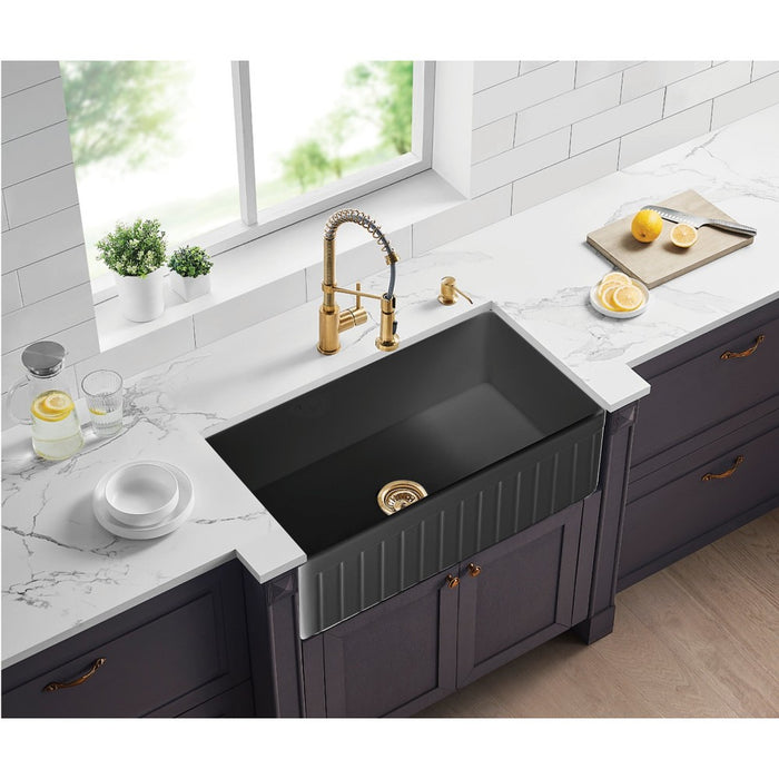 838*456*252mm Poseidon Greenwich Fireclay Matt Black/Gloss White Reversible Fluted & Flat Single Bowl Farmhouse Sink