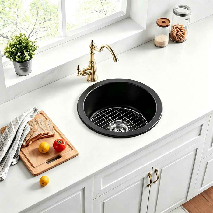 470*228mm Poseidon Camden Fireclay Matt Black/Gloss White Round Single Bowl Top/Undermount Farmhouse Sink