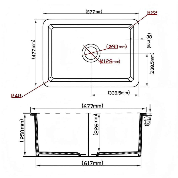 677*470*282mm Poseidon Camden Fireclay Matt Black/Gloss White Square Single Bowl Top/Undermount Farmhouse Sink