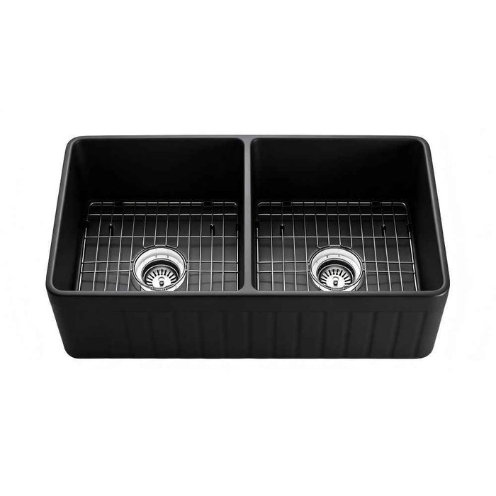 838*457*255mm Poseidon Greenwich Fireclay Matt Black/Gloss White Reversible Fluted & Flat Double Bowl Farmhouse Sink