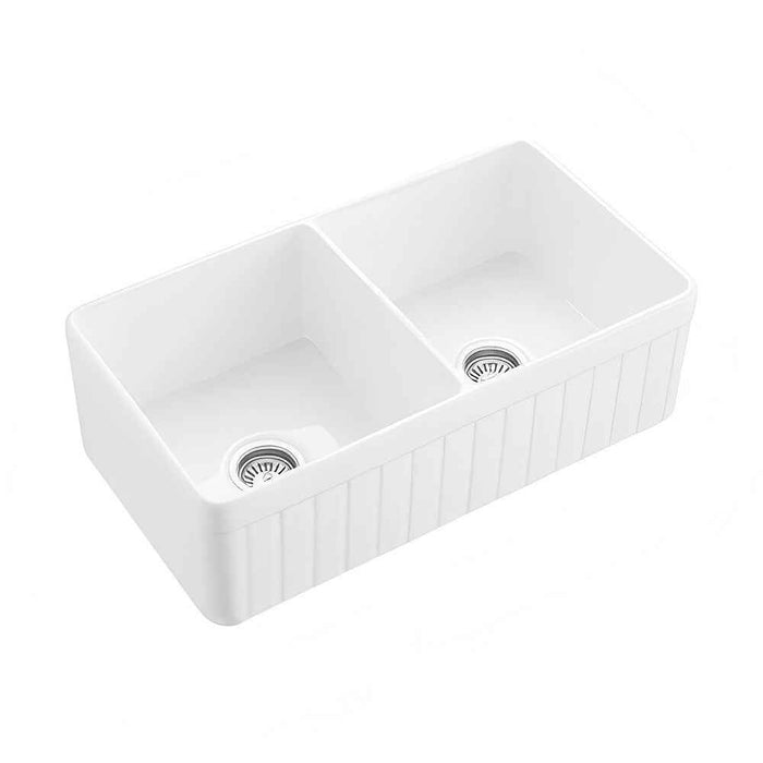838*457*255mm Poseidon Greenwich Fireclay Matt Black/Gloss White Reversible Fluted & Flat Double Bowl Farmhouse Sink