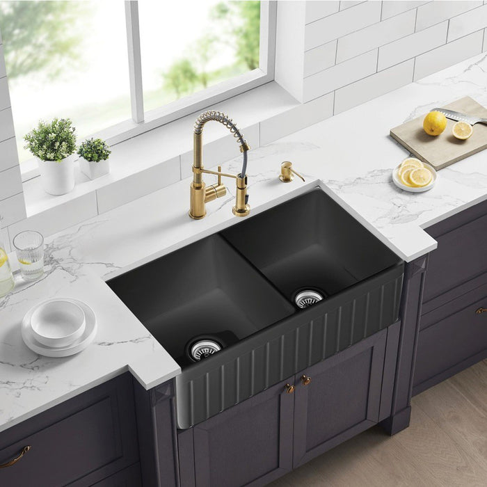 838*457*255mm Poseidon Greenwich Fireclay Matt Black/Gloss White Reversible Fluted & Flat Double Bowl Farmhouse Sink