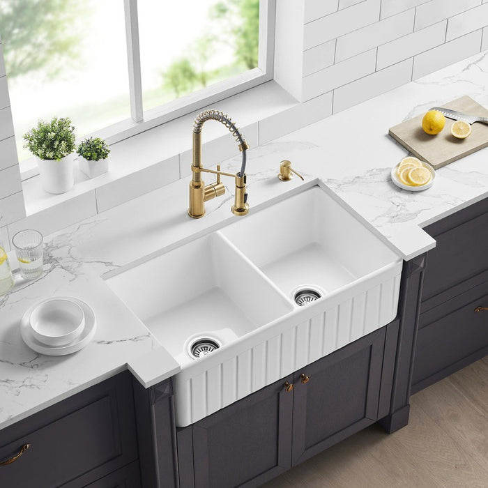 838*457*255mm Poseidon Greenwich Fireclay Matt Black/Gloss White Reversible Fluted & Flat Double Bowl Farmhouse Sink