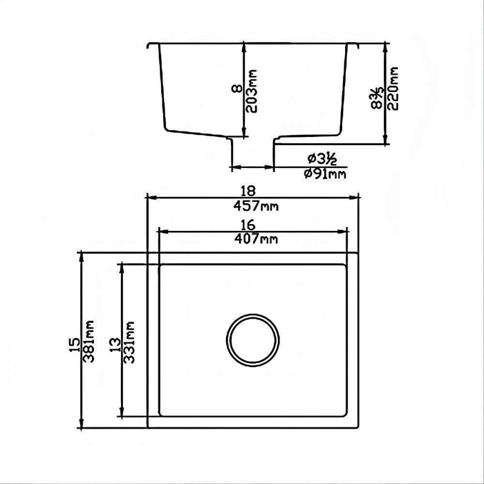 381*457*220mm Poseidon Quartz Matt Black Square Single Bowl Top/Undermount Kitchen Sink