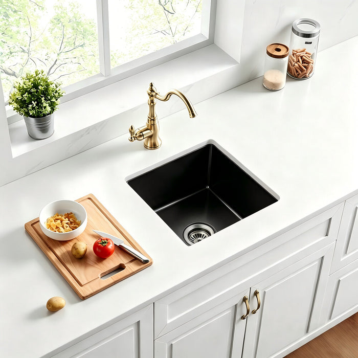 457*457*228mm Poseidon Camden Fireclay Matt Black/Gloss White Square Single Bowl Top/Undermount Farmhouse Sink