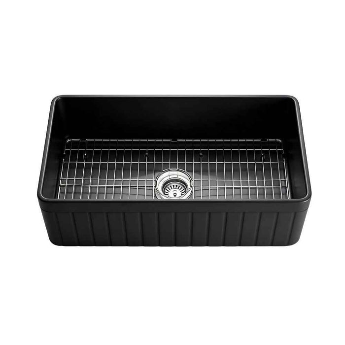 838*456*252mm Poseidon Greenwich Fireclay Matt Black/Gloss White Reversible Fluted & Flat Single Bowl Farmhouse Sink