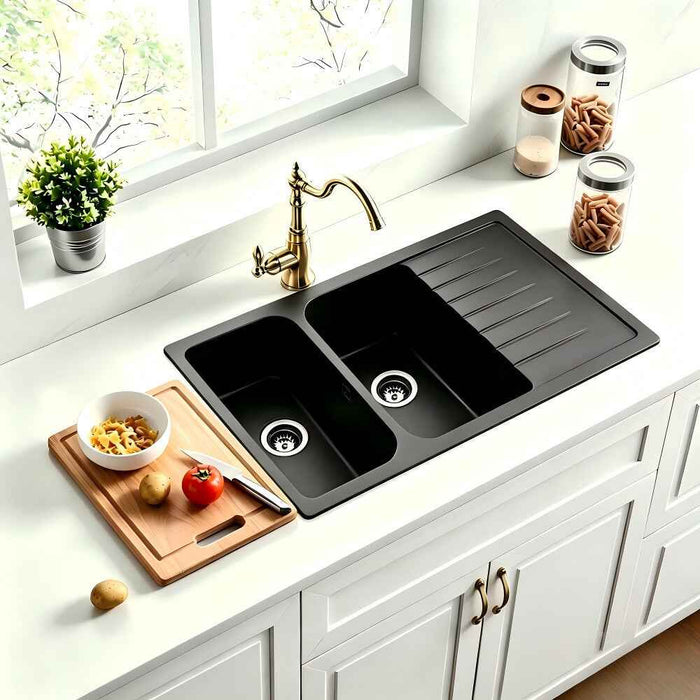1160*500*225mm Poseidon Quartz Matt Black Square Double Bowl Top/Undermount Kitchen Sink With Drainer