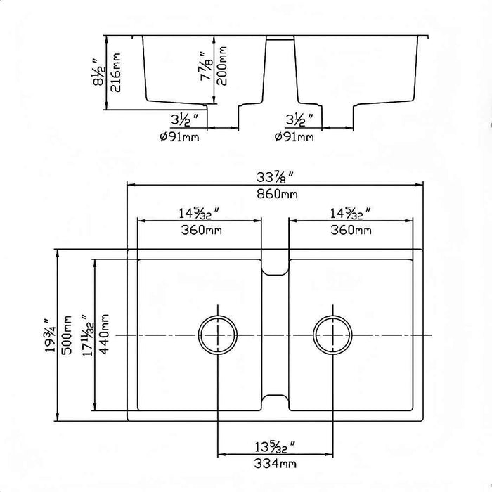 860*500*216mm Poseidon Quartz Matt Black Square Double Bowl Top/Undermount Kitchen Sink