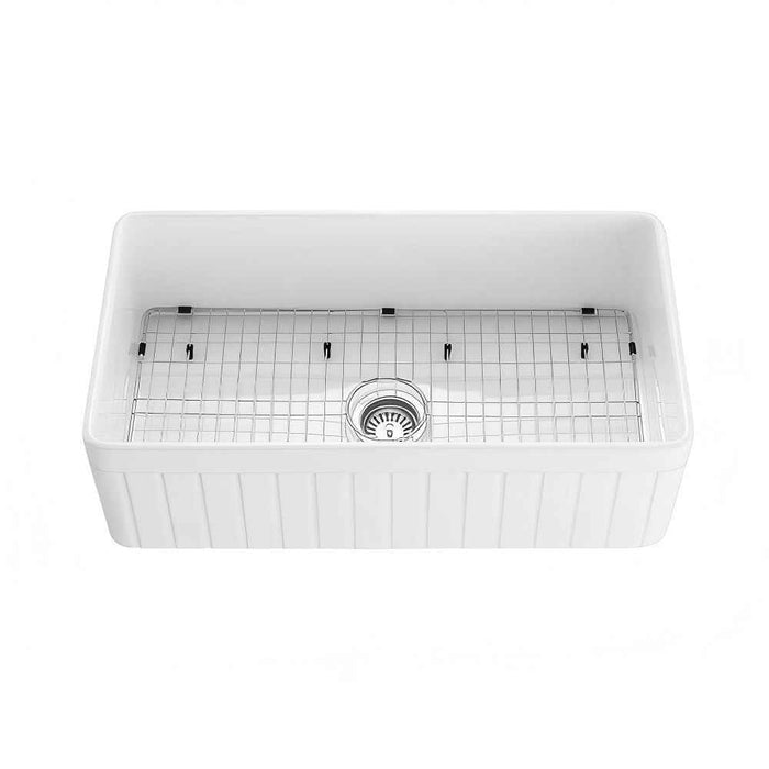 838*456*252mm Poseidon Greenwich Fireclay Matt Black/Gloss White Reversible Fluted & Flat Single Bowl Farmhouse Sink
