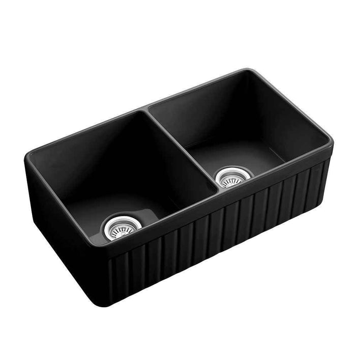838*457*255mm Poseidon Greenwich Fireclay Matt Black/Gloss White Reversible Fluted & Flat Double Bowl Farmhouse Sink