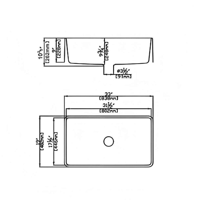 838*482*262mm Poseidon Quartz Square Single Bowl Undermount Farmhouse Butler Sink