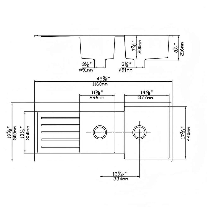 1160*500*216mm Poseidon Quartz Matt Black Square Double Bowl Top/Undermount Kitchen Sink With Drainer