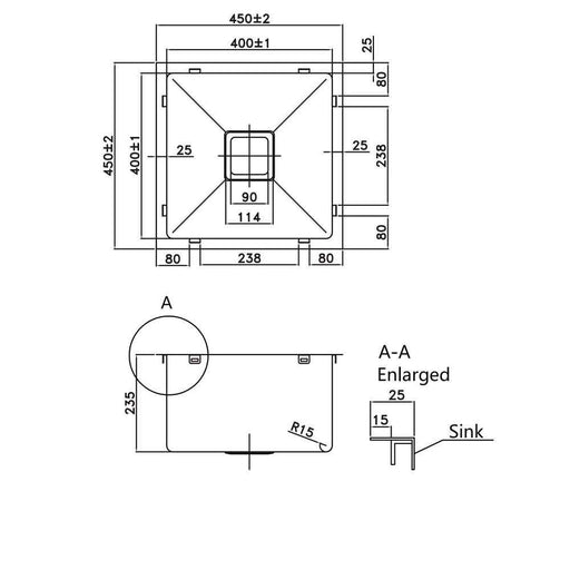 450*450*220mm Poseidon Stainless Steel Square Single Bowl Top/Undermount Kitchen Sink