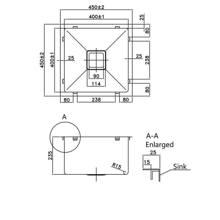 450*450*220mm Poseidon Stainless Steel Square Single Bowl Top/Undermount Kitchen Sink