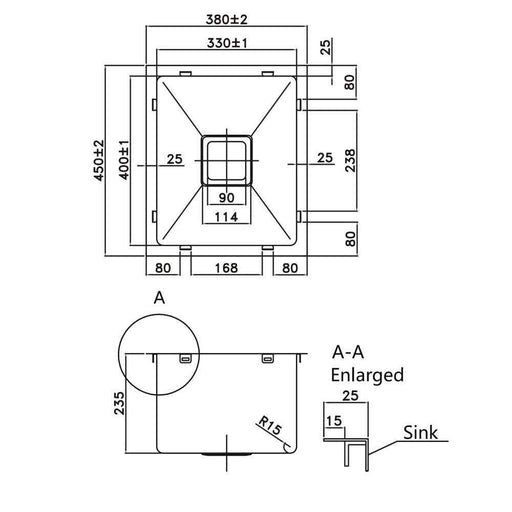 330*400*235mm Poseidon Stainless Steel Square Single Bowl Top/Undermount Kitchen Sink