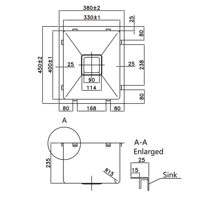 330*400*235mm Poseidon Stainless Steel Square Single Bowl Top/Undermount Kitchen Sink