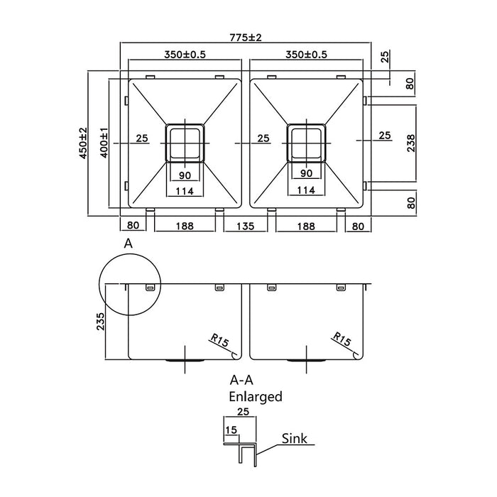 775*450*235mm Poseidon Stainless Steel Square Double Bowl Top/Undermount Kitchen Sink