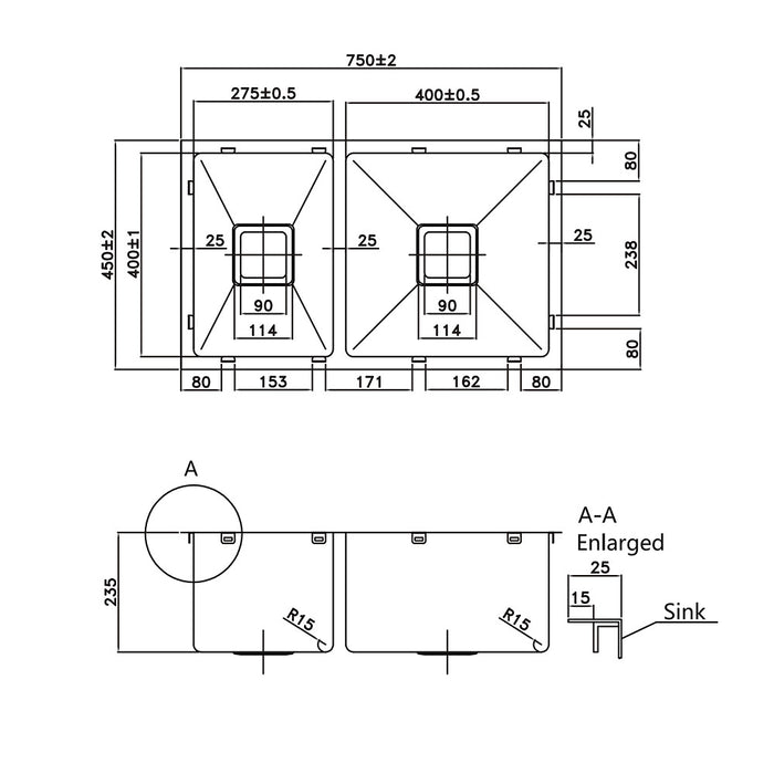 750*450*235mm Poseidon Stainless Steel Square Double Bowl Top/Undermount Kitchen Sink