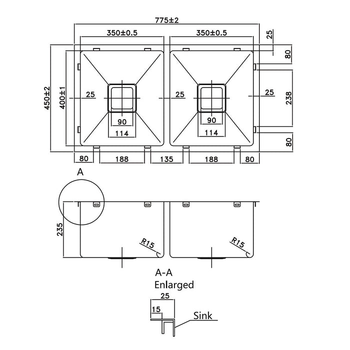 775*450*235mm Poseidon Gum Metal Stainless Steel Square Double Bowl Top/Undermount Kitchen Sink