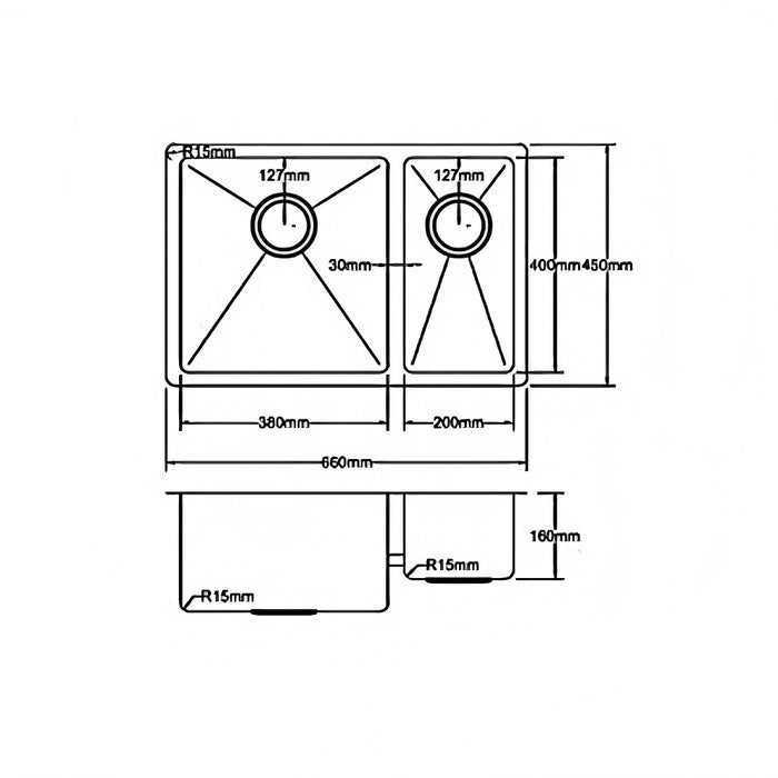 660*450*220mm Poseidon Stainless Steel Square Double Bowl Kitchen Sink