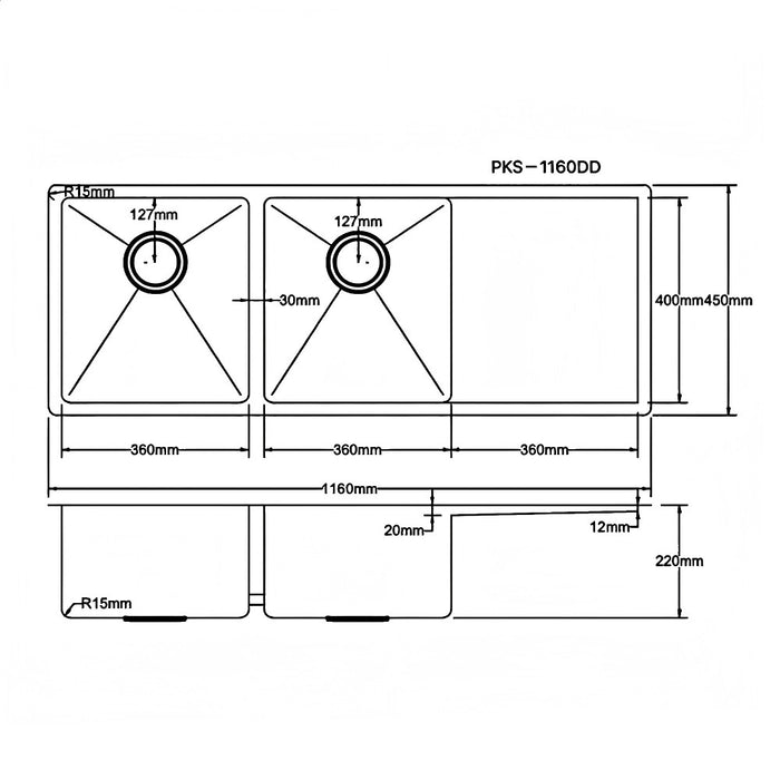 1160*450*220mm Poseidon Stainless Steel Square Double Bowl Kitchen Sink With Drainer