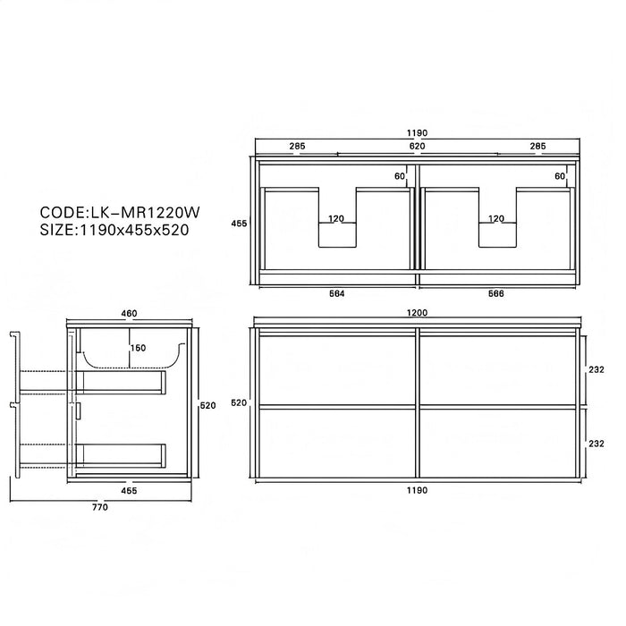 1200*455*520mm For Double Bowl Lukka Ridgewood Modern Mocha Oak Plywood Wall Hung Vanity