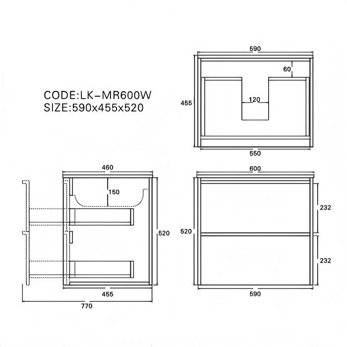600*455*520mm Lukka Ridgewood Modern Mocha Oak Plywood Wall Hung Vanity
