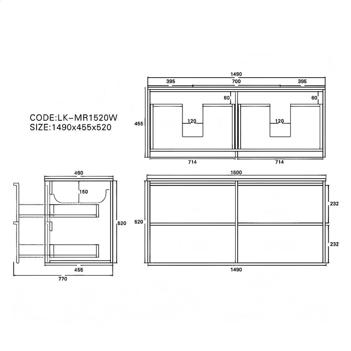 1500*455*520mm Lukka Ridgewood Modern Mocha Oak Plywood Wall Hung Vanity