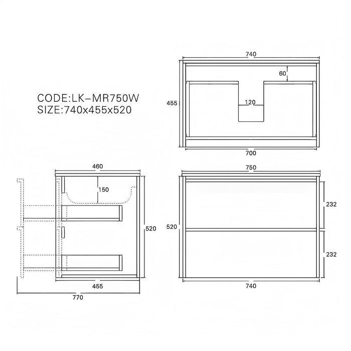 750*455*520mm Lukka Ridgewood Modern Mocha Oak Plywood Wall Hung Vanity