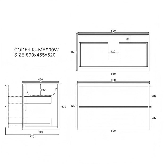 900*455*520mm Lukka Ridgewood Modern Sandy Oak Plywood Wall Hung Vanity