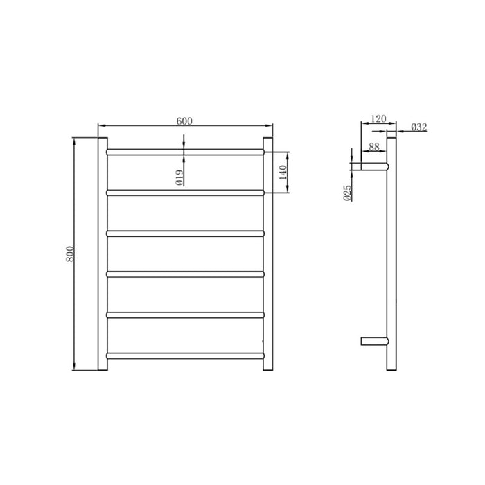 600*800mm BK Morgan Rund 6 Round Bar Stainless Steel Heated Towel Rail
