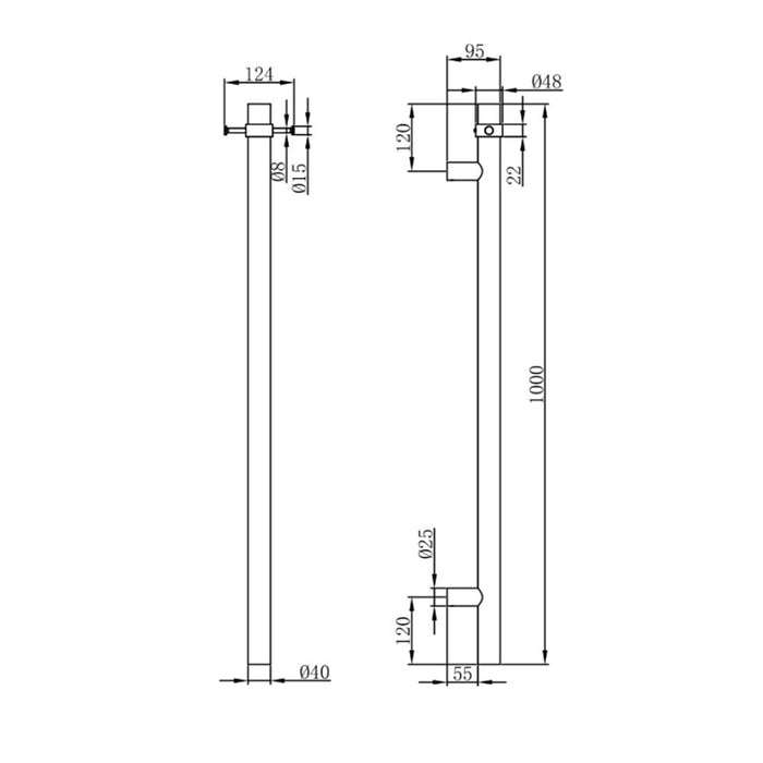 1000mm BK Morgan Rund Round Stainless Steel Vertical Single Heated Towel Rail With Double Hook