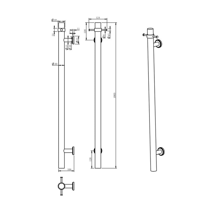 1000mm BK Cambridge Round Stainless Steel Vertical Heated Towel Rail With Double Hook