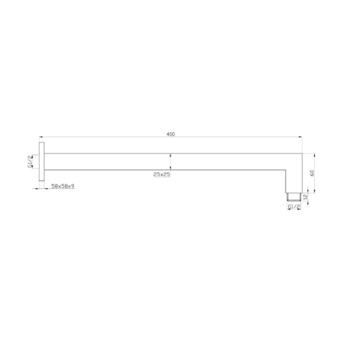 400mm BK Eckig Brass Square Wall Shower Arm