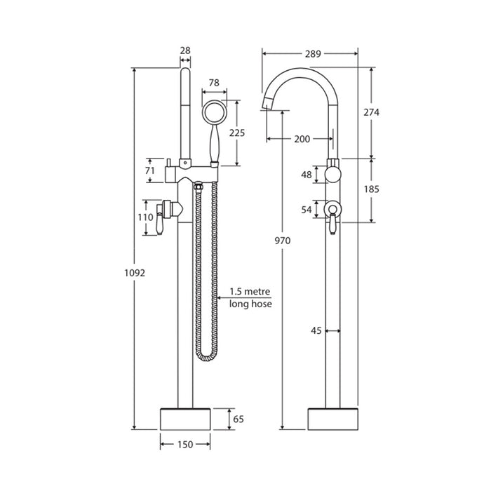 Fienza Eleanor Solid Brass With Round Hand Shower Floor Mounted Bath Mixer