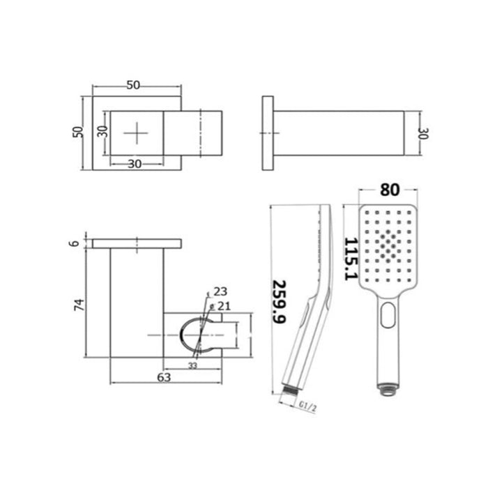 BK Eckig Brass Square On Bracket Handheld Showers