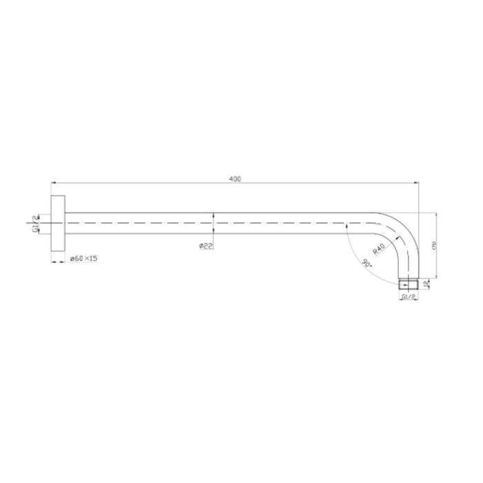 400mm BK Rund Brass Round Curve Wall Shower Arm