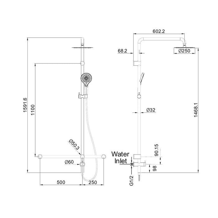 600*1600mm Nero Mecca Care 32mm T Bar Grab Rail Twin Shower Set
