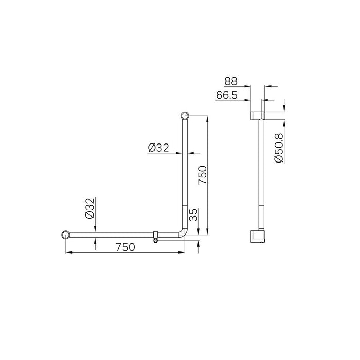 750*750mm Nero Mecca Care 32mm 90 Degree NZ4121 Accessible Toilet Grab Rail