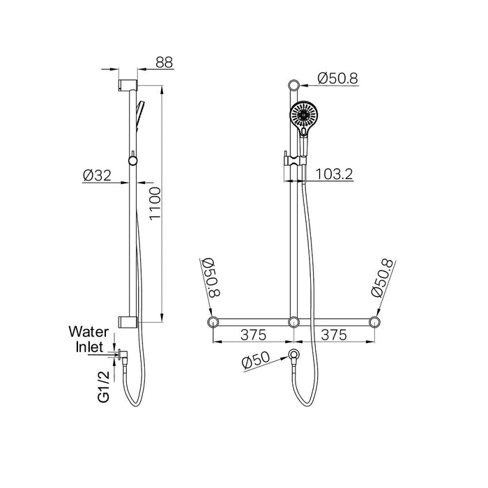 750*1100mm Nero Mecca Care 32mm T Bar Grab Rail And Adjustable Shower Set
