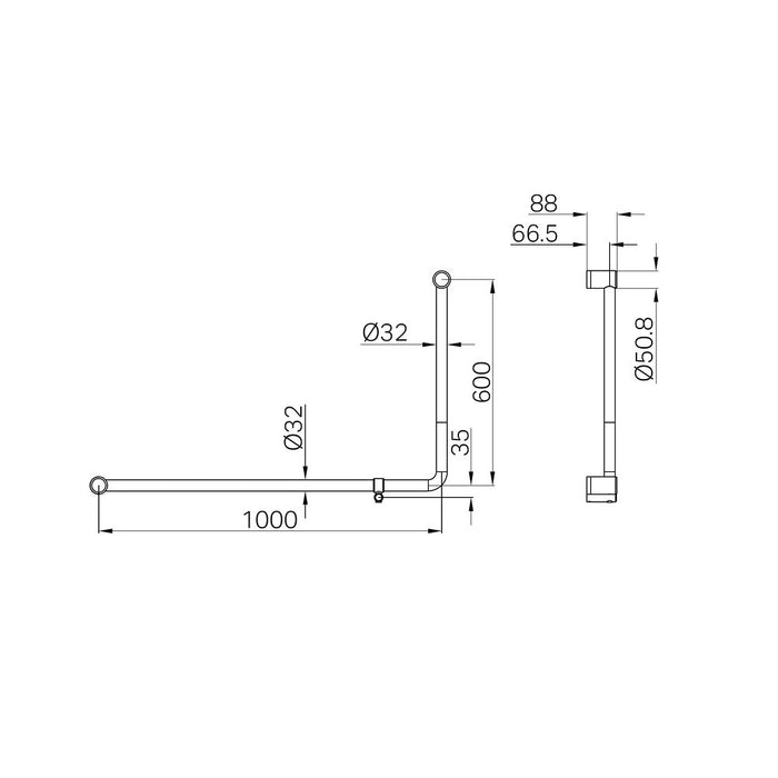 1000*600mm Nero Mecca Care 32mm DDA Accessible Toilet 90 Degree Bent Tube Grab Rail