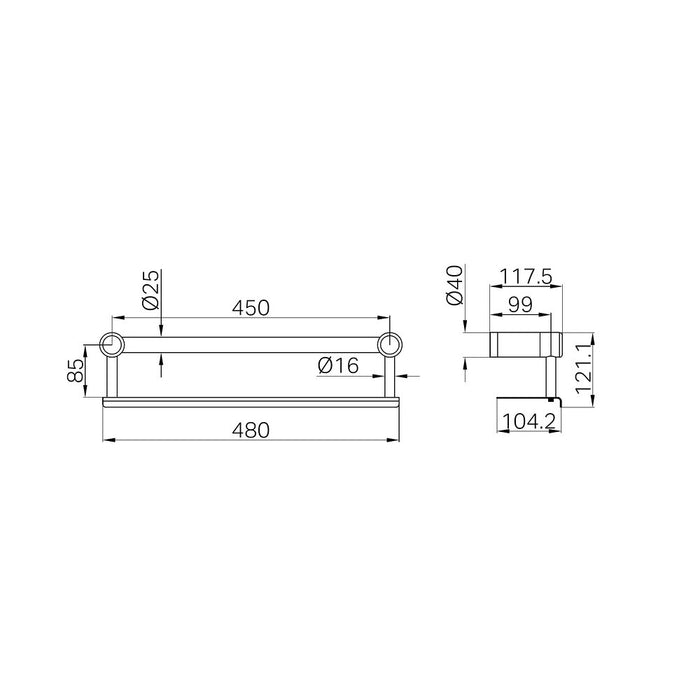 300/450mm Nero Mecca Care 25mm Stainless Steel Grab Rail With Shelf