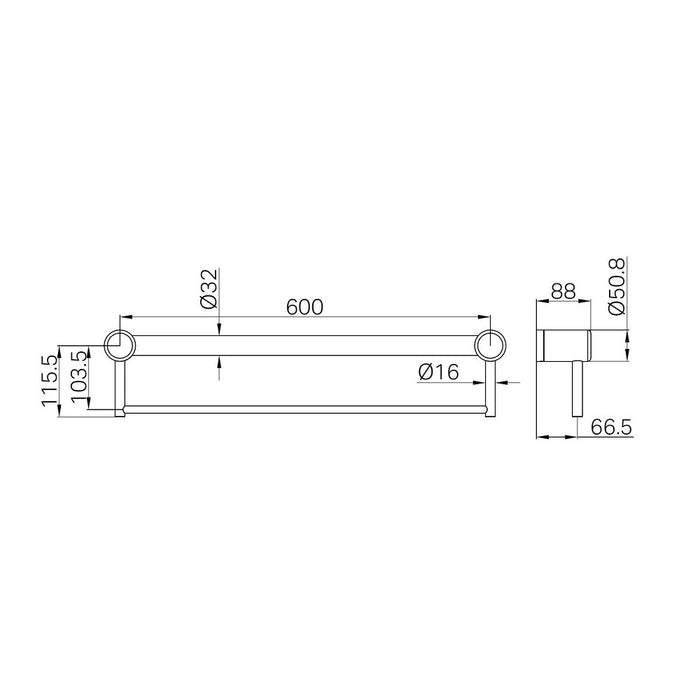 300/600/900mm Nero Mecca Care 32mm Stainless Steel Grab Rail With Towel Holder