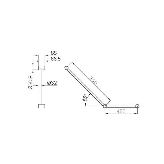 450*750mm Nero Mecca Care 32mm 45 Degree Ambulant Toilet Grab Rail