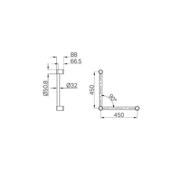 450*450mm Nero Mecca Care 32mm 90 Degree Ambulant Toilet Grab Rail