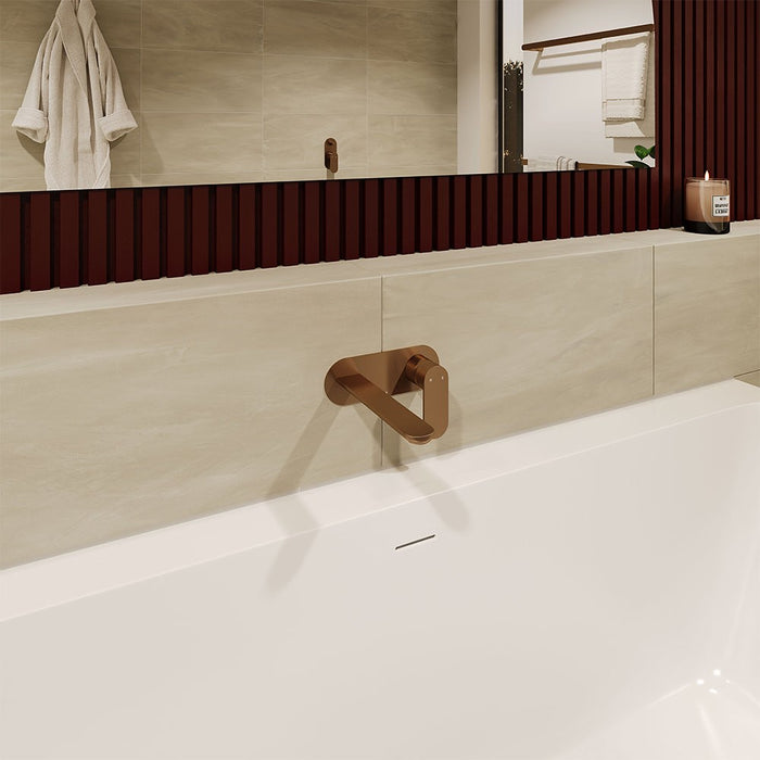160mm Fienza Empire Brushed Copper Round Plate Slim Wall Basin/Bath Mixer